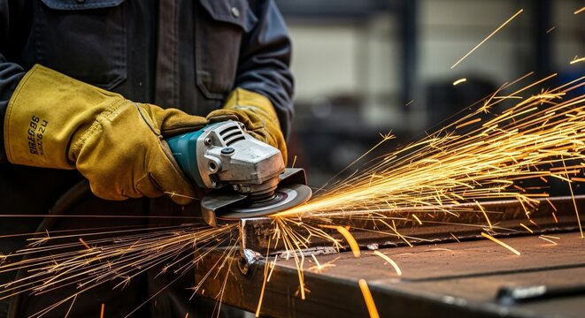Metalworker cutting steel with grinder. Sparks flying, safety gloves, industrial. Perfect for manufacturing, construction, engineering, skilled trades promotion.