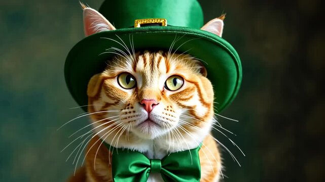 AI Generative Animal Cat in traditional green Irish costume with hat, St. Patrick's Day card