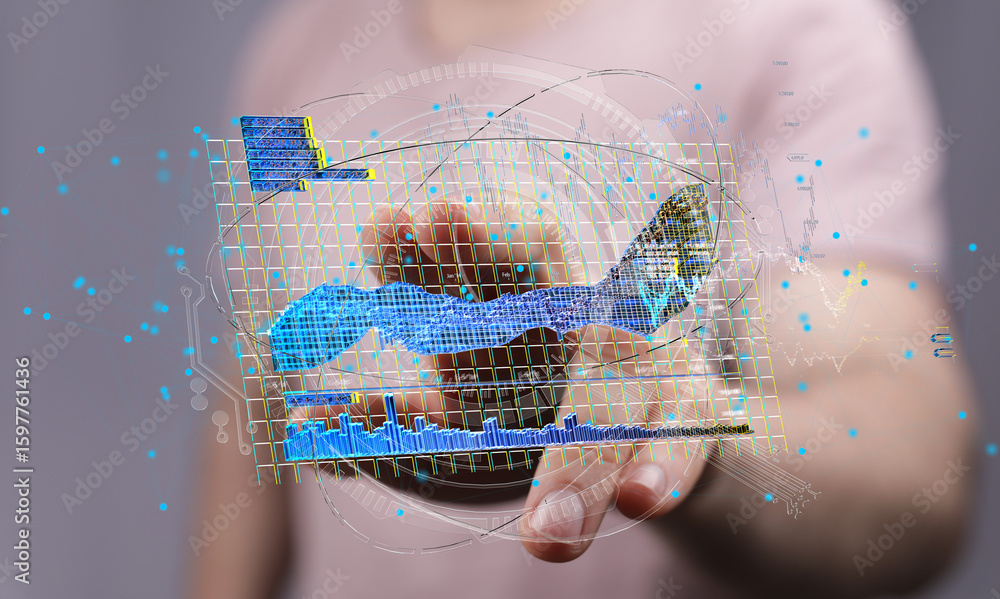 Poster stock photo of hand interacting with 3d data charts showing business growth and analytics.
