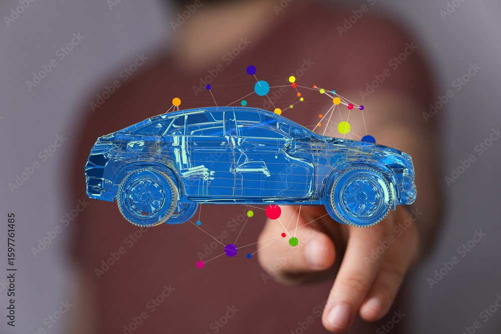 Poster explore the future of automotive design with this image showcasing digital car modeling and innovati