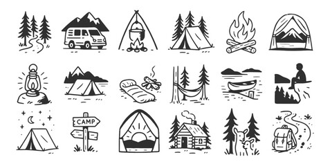 Camping adventure doodle icon set. Cute hand drawn sketch illustrations of tent, fire, backpack, cabin, canoe, hammock. Black and white cartoon art for outdoor forest travel.