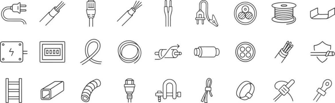 Electrical cable and wire components including plugs, connectors, trays and protective accessories, vector illustration. Cable types such as fiber optic, coaxial and armored in outline icon set.