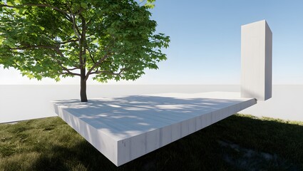 Modern architecture visualization showcasing tree on platform against clear blue sky