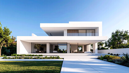 Fototapeta premium Minimalist white concrete house with a flat roof and clean lines