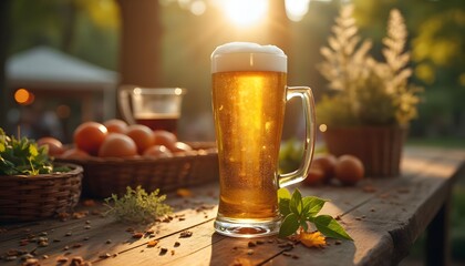 Golden beer served in a glass, surrounded by fresh ingredients and sunlight in a charming outdoor setting during late afternoon Generative AI