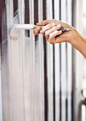 hand holding a brush applying white paint on a wooden door - painting and caring for wood with paint