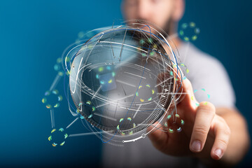 Futuristic image of a person interacting with a digital globe, representing global connectivity and...