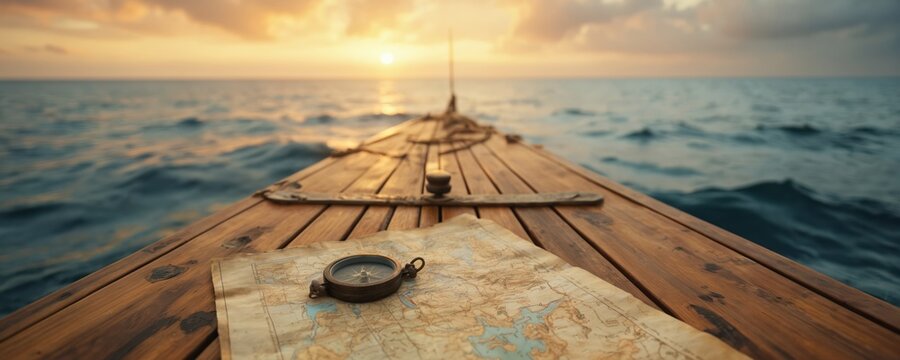 Old world map and antique compass on weathered wooden raft deck. Journey across blue sea at sunset. Symbolizes adventure, discovery, exploration, and maritime travel. Nautical navigation concept.