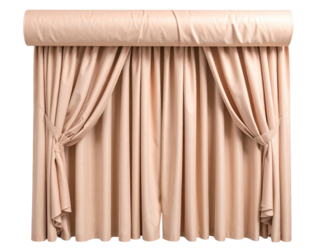 Rolled fabric window curtain in soft pastel tone, isolated on a transparent background