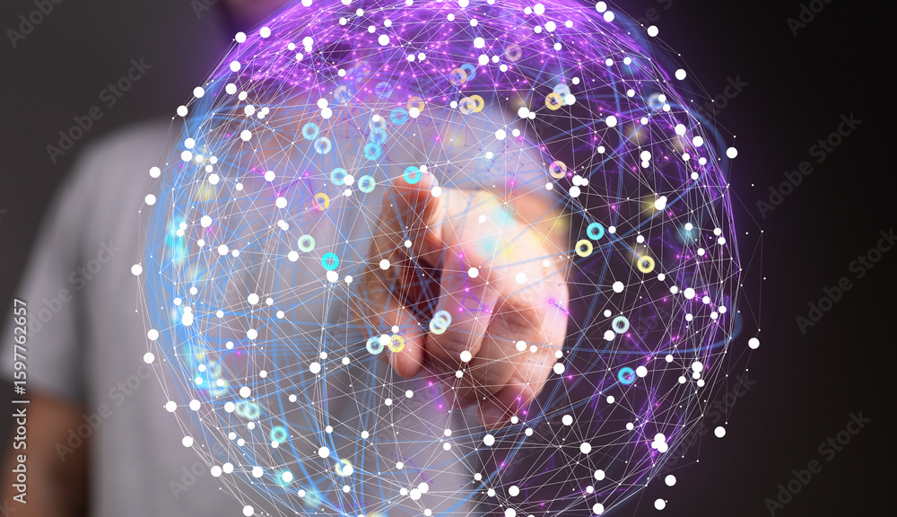 Poster abstract image of a hand interacting with a digital global network. perfect for tech, connection, an