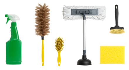 Essential Cleaning Supplies: Spray Bottle, Dusters, Mop, Scrub Brush, and Sponge for Home Cleaning