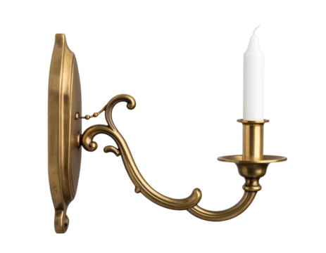 Decorative wall-mounted candle sconce in vintage brass, isolated on a transparent background
