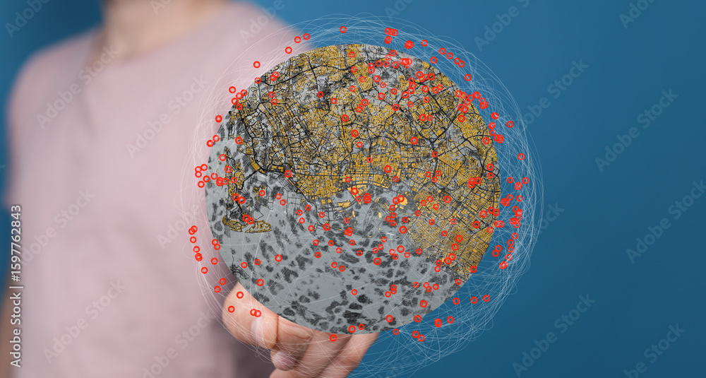 Aufkleber person holding a digital globe showing network connections and data points worldwide. great for tech