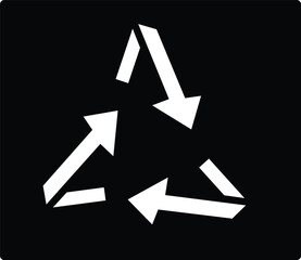 Modern and bold recycle icon featuring three geometric white arrows arranged in a triangular loop. Designed with high contrast on a black background, this symbol represents sustainability, recycling.