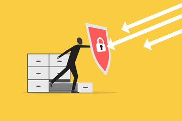 Businessman with shield save documents. concept of business data security., protect online files, technology data storage server
