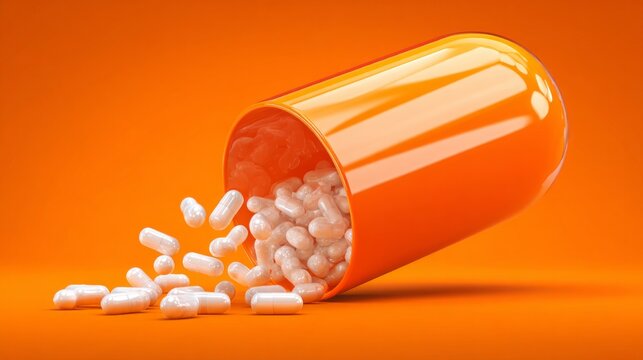 Large orange medical capsule open in half, with pills spilling out on orange background
