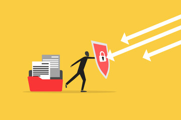 Businessman with shield save documents. concept of business data security., protect online files, technology data storage server