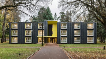 Multi-story building with yellow accent facade.