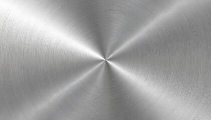 Brushed metal texture with radial spin patterns. Silver, steel surface creates polished, industrial, high-tech feel. Clean, shiny, metallic background represents modern engineering, futuristic design.