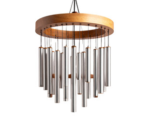 Hanging indoor wind chime with wooden and metal elements, isolated on a transparent background