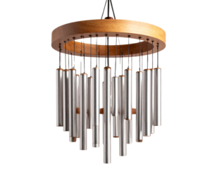 Hanging indoor wind chime with wooden and metal elements, isolated on a transparent background