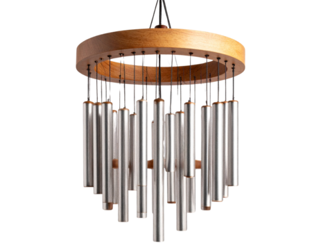 Hanging indoor wind chime with wooden and metal elements, isolated on a transparent background