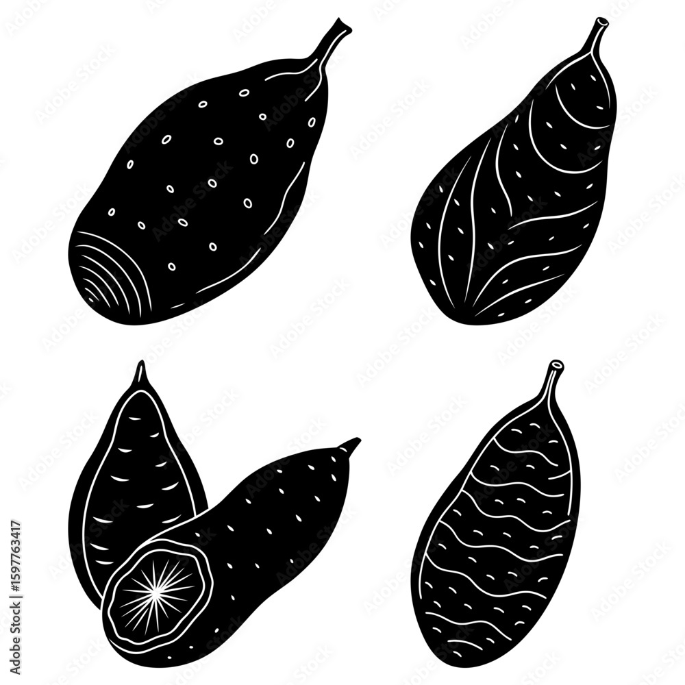 Poster illustration of four black and white prickly pears with various patterns and textures on a white bac