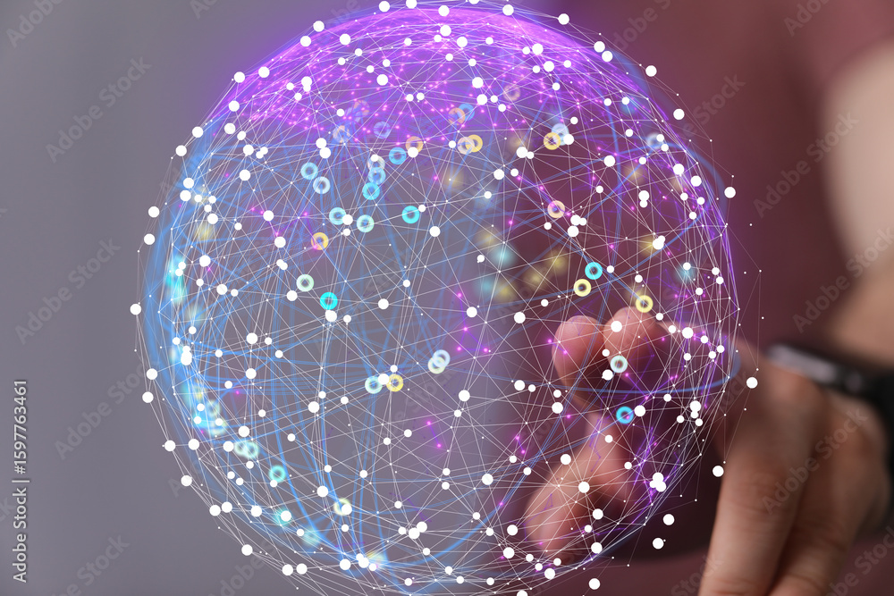 Poster abstract image of a hand interacting with a glowing digital network sphere. represents global connec
