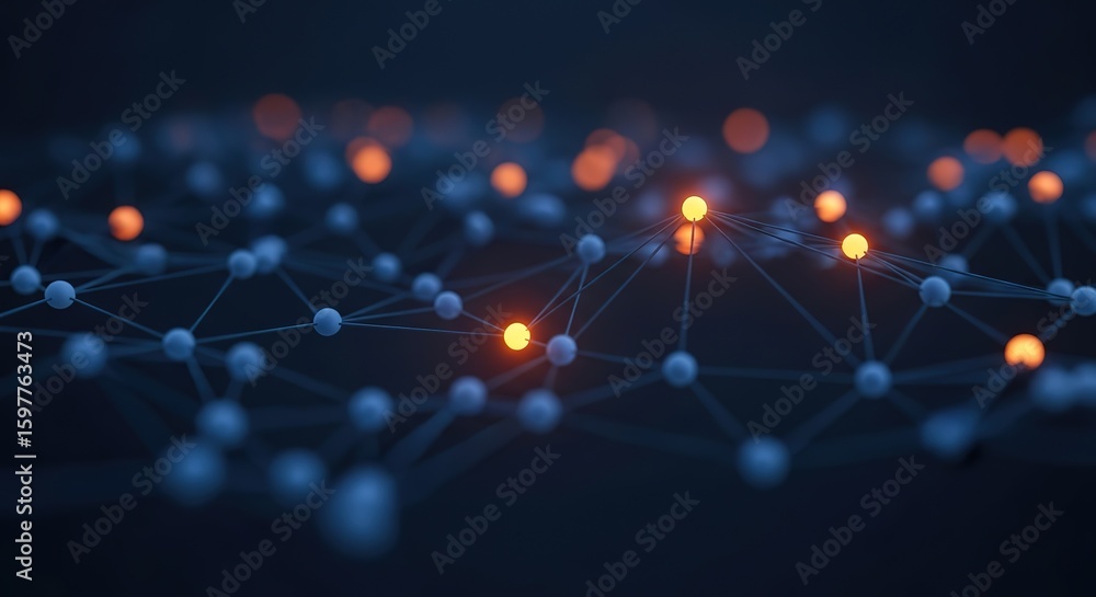 Poster abstract network of glowing blue and orange nodes connected by thin lines on a dark background