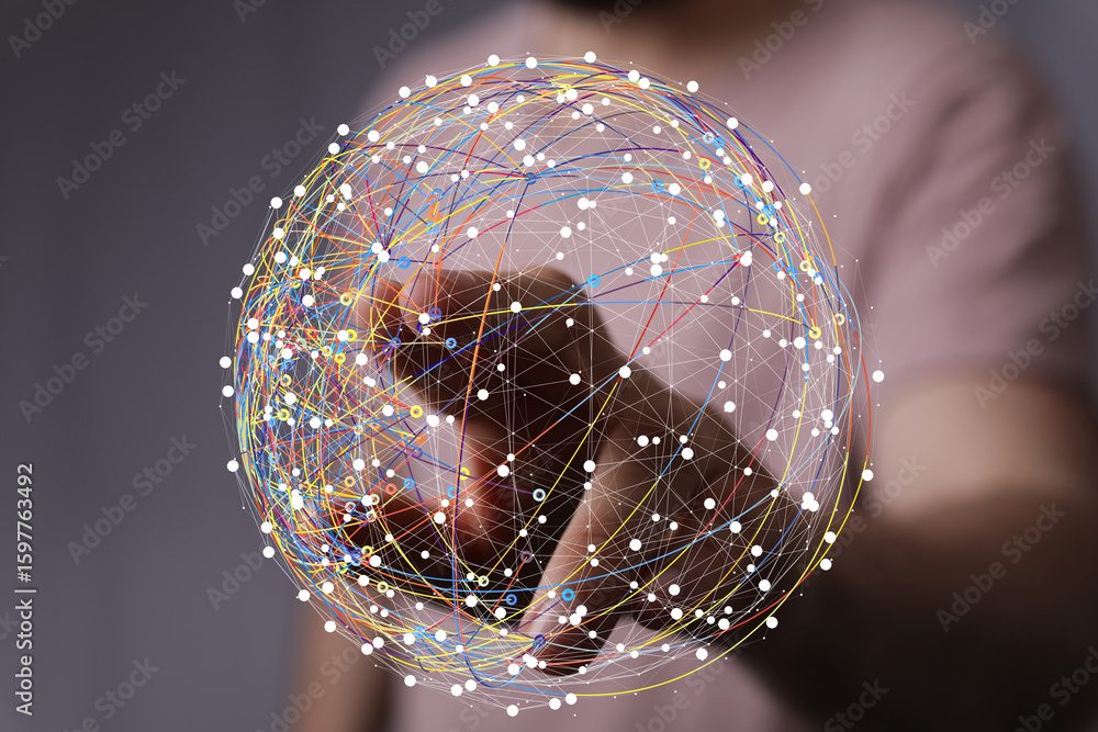 Poster abstract image of a hand interacting with a digital network sphere. represents connection, technolog