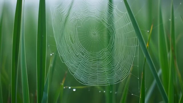 Delicate spiderweb in dewy grass