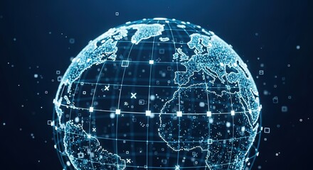 Fototapeta premium Digital globe network connecting continents with blue lights and data streams