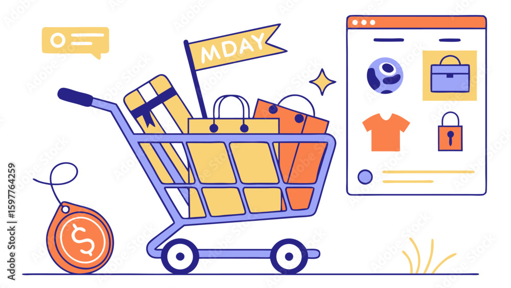 Poster shopping cart filled with gift bags and a flag that says mday next to a computer screen displaying o