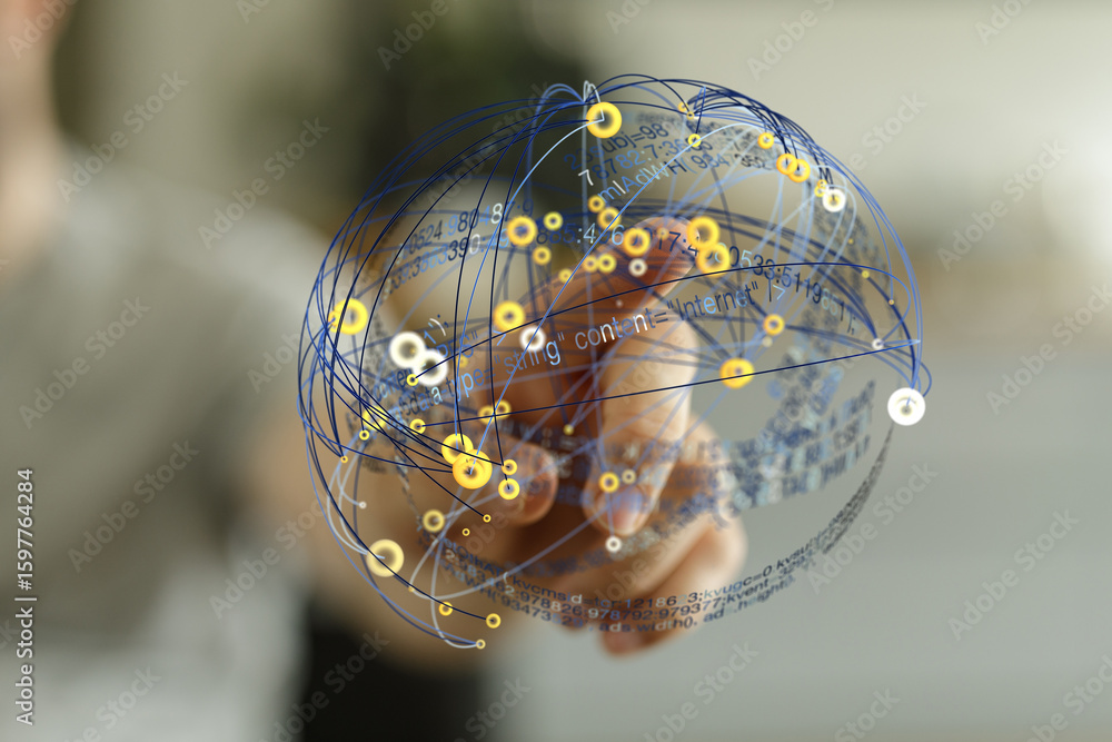 Poster hand interacting with a digital globe, showcasing data connections and network visualization.