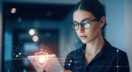 Focused businesswoman wearing glasses analyzes digital security shield on tablet with futuristic data overlays