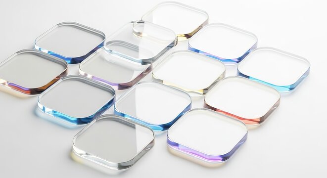 A collection of small square reflective objects with colorful iridescent edges arranged in a scattered pattern