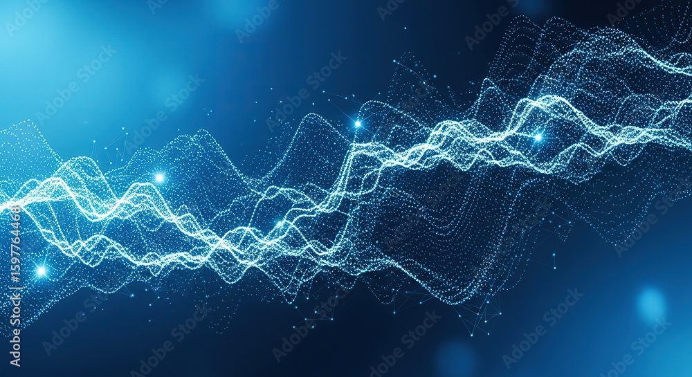 Poster abstract blue glowing energy wave pattern with intricate light particles and a dark background