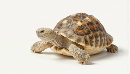 Obraz premium Baby tortoise walking on white background. Small reptile with detailed shell scales. Cute creature moving slowly, showcasing natural wildlife and conservation themes. Adorable animal, exotic species.