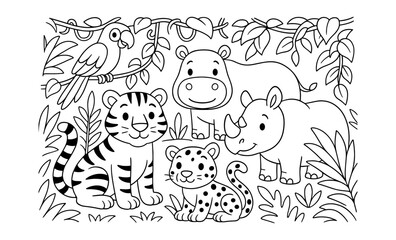 Jungle animal coloring page with tiger, hippo, and parrot for kids