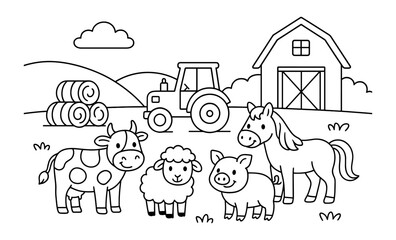 Fototapeta na wymiar Farm scene coloring page with barn, tractor, and animals for kids