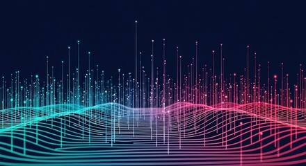 Abstract digital landscape of growing data streams with neon blue and pink gradients