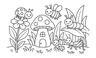Charming forest scene with adorable insects and mushroom house for kids
