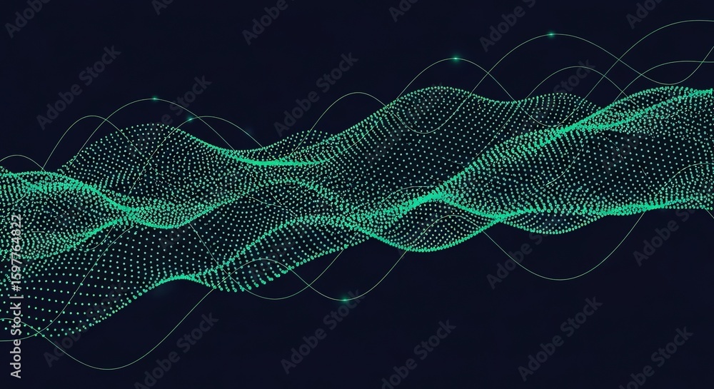 Poster abstract flowing green digital wave pattern composed of countless tiny particles on a dark backgroun