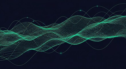 Fototapeta premium Abstract flowing green digital wave pattern composed of countless tiny particles on a dark background