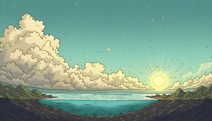 Scenic coastal view at sunrise with mountains, clouds, and ocean reflecting morning light Generative AI