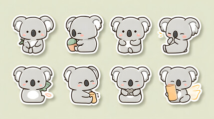 Obraz premium Cute Cartoon Koala Stickers with Various Expressions and Activities