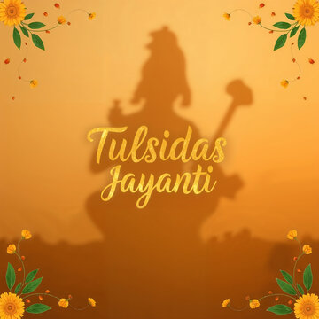 Tulsidas Jayanti visuals with spiritual elements like scriptures, tulsi leaves, diya, and Ramcharitmanas, featuring glowing text for banners, greetings, and festive backgrounds
