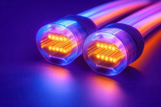 Vibrant fiber optic technology concept featuring glowing orange cables with yellow lights against purple and dark blue backgrounds for modern communication advertising