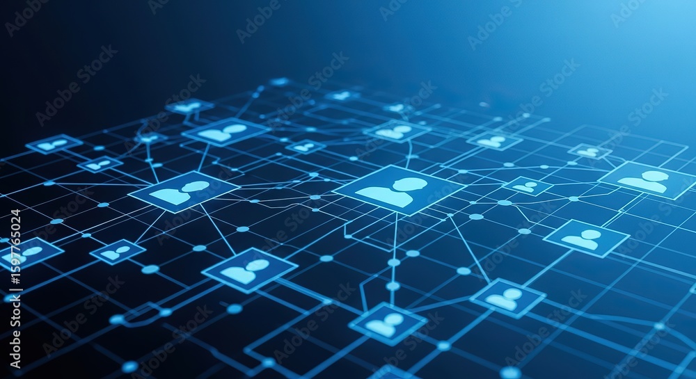 Poster digital network connecting abstract human profiles with glowing blue lines and nodes on a dark backg