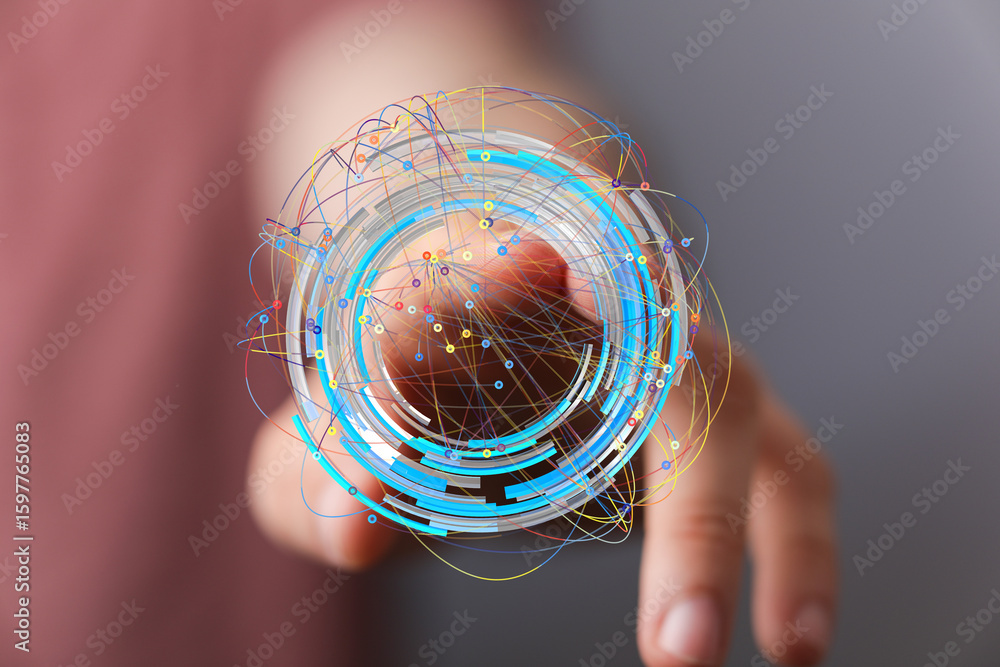 Poster abstract image of a finger interacting with a digital network. represents data connection, technolog